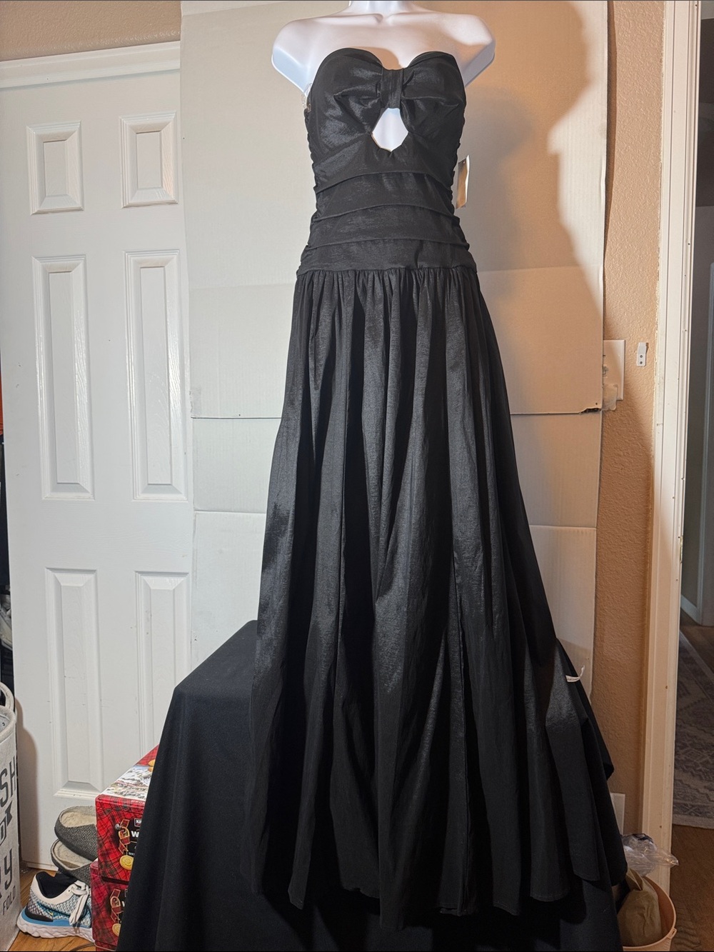 Strapless Black Evening Gown with Keyhole Bodice